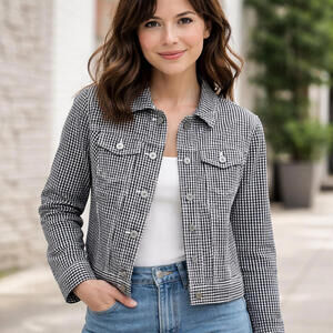 Talbots Women's Jacket Petite Black & White Checkered Gingham Cropped Size P